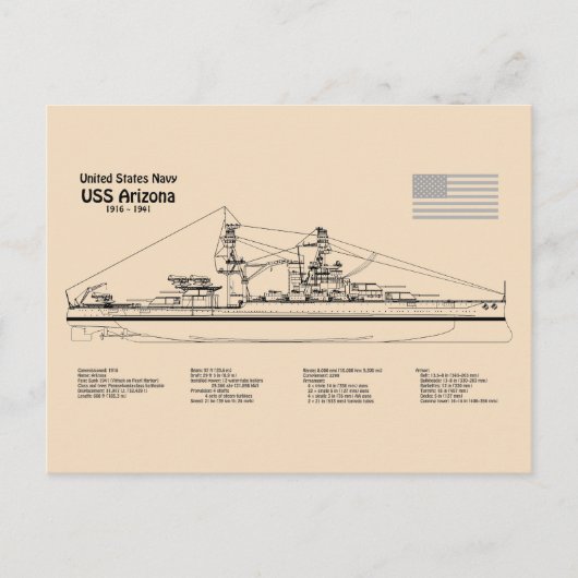 USS Arizona - Schip Blauwdruk Plannen SD Briefkaart (Voorkant)