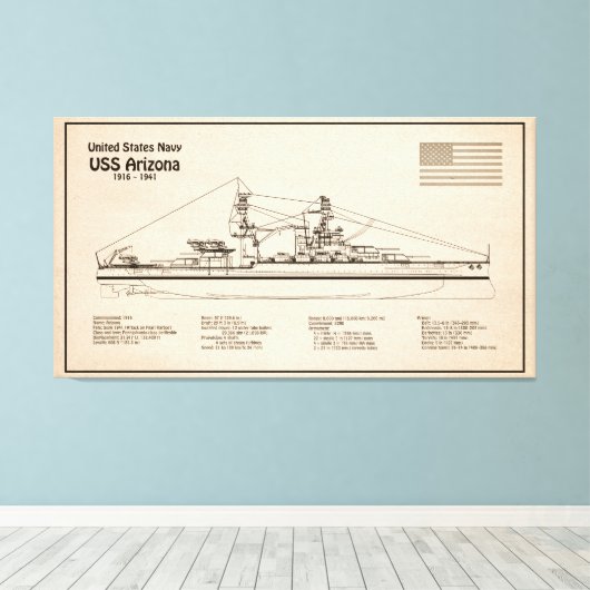 USS Arizona - Schip Blauwdruk Plannen SD Canvas Afdruk (Insitu (Houten vloer))