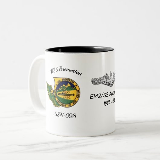 USS Bremerton (SSN-698) Bad Fish Mug with Patches Tweekleurige Koffiemok (Voorkant links)