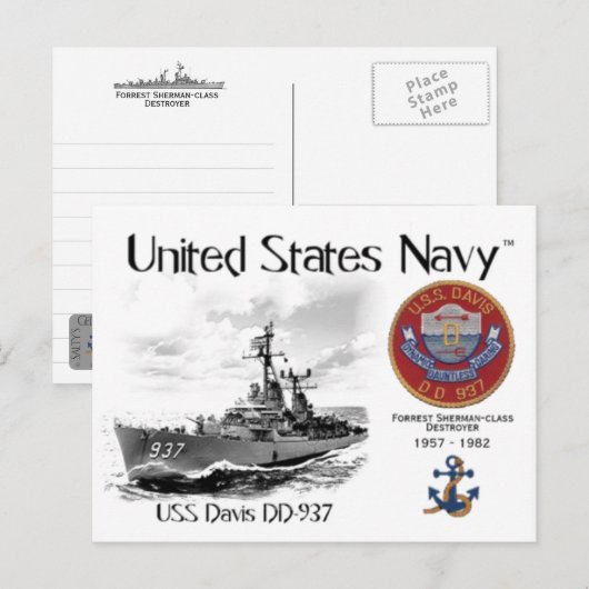 USS DAVIS DD-937 DESTROYER - BRIEFKAART (Voorkant / Achterkant)