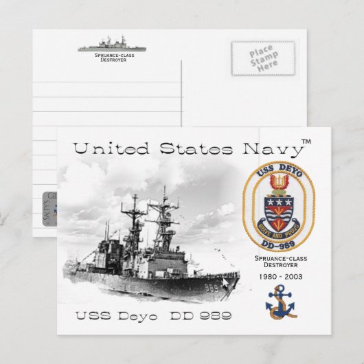 USS DEYO DD-989 DESTROYER - BRIEFKAART (Voorkant / Achterkant)