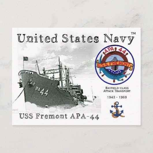 USS FREMONT APA-44 ATTACK TRANSPORT BRIEFKAART (Voorkant)