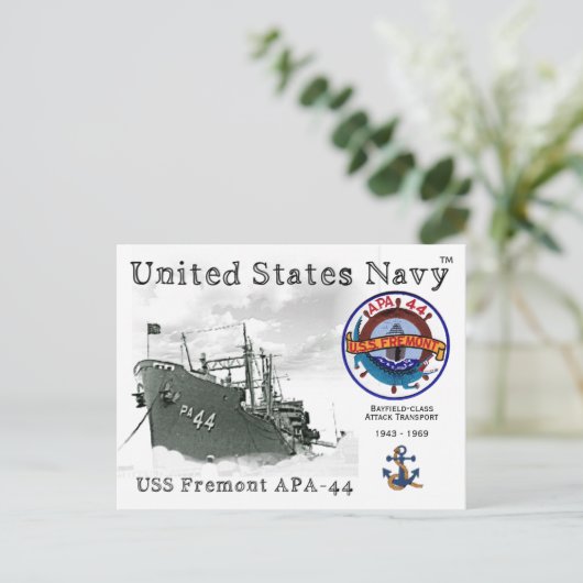 USS FREMONT APA-44 ATTACK TRANSPORT BRIEFKAART (Staand voorkant)