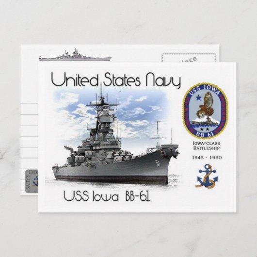 USS IOWA BB-61 SLAGSCHIP - Briefkaart (Voorkant / Achterkant)