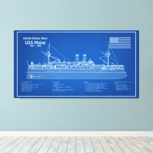 USS Maine - Schip Blauwdruk Plannen ABD Canvas Afdruk (Insitu (Houten vloer))
