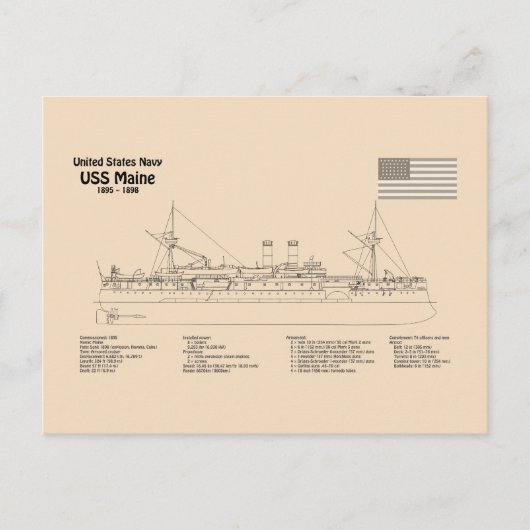 USS Maine - Schip Blauwdruk Plannen SD Briefkaart (Voorkant)