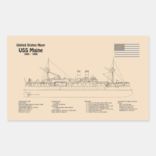 USS Maine - Schip Blauwdruk Plannen SD Rechthoekige Sticker (Voorkant)