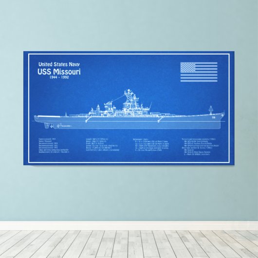 USS Missouri - Schip Blauwdruk Plannen ABD Canvas Afdruk (Insitu (Houten vloer))