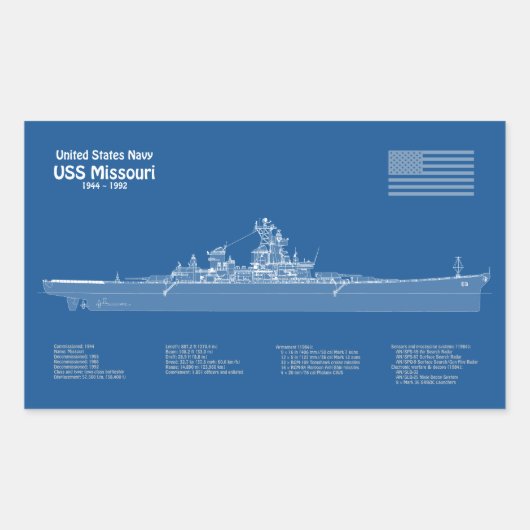 USS Missouri - Schip Blauwdruk Plannen ABD Rechthoekige Sticker (Voorkant)