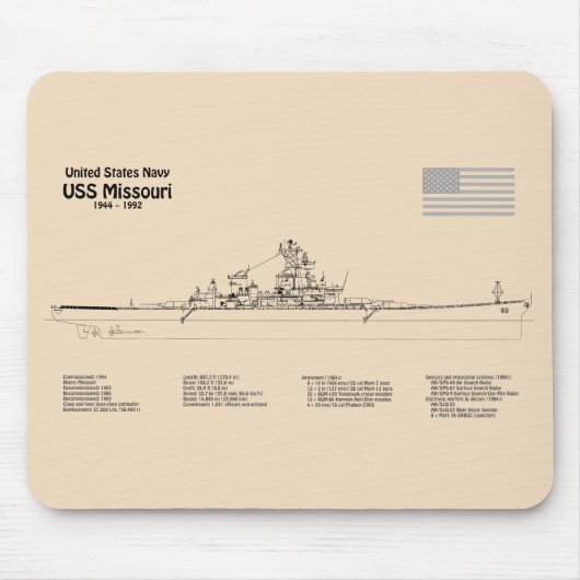 USS Missouri - Schip Blauwdruk Plannen SD Muismat (Voorkant)