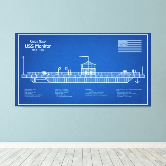 USS Monitor - Schip Blauwdruk Plannen ABD Canvas Afdruk (Insitu (Houten vloer))