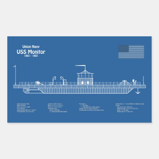 USS Monitor - Schip Blauwdruk Plannen ABD Rechthoekige Sticker (Voorkant)