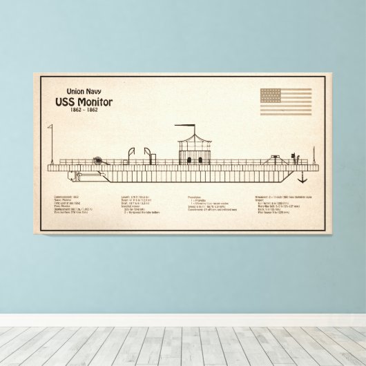 USS Monitor - Schip Blauwdruk Plannen SD Canvas Afdruk (Insitu (Houten vloer))