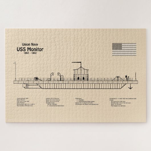 USS Monitor - Schip Blauwdruk Plannen SD Legpuzzel (Horizontaal)