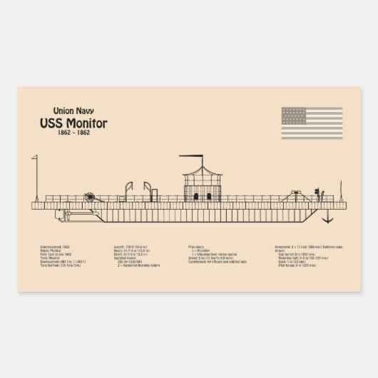 USS Monitor - Schip Blauwdruk Plannen SD Rechthoekige Sticker (Voorkant)