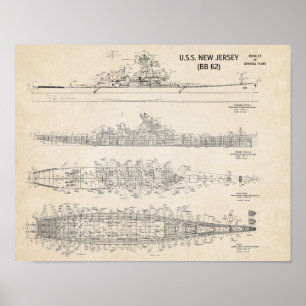 USS NEW JERSEY-blauwdruk Poster
