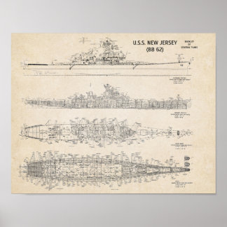 USS NEW JERSEY-blauwdruk Poster