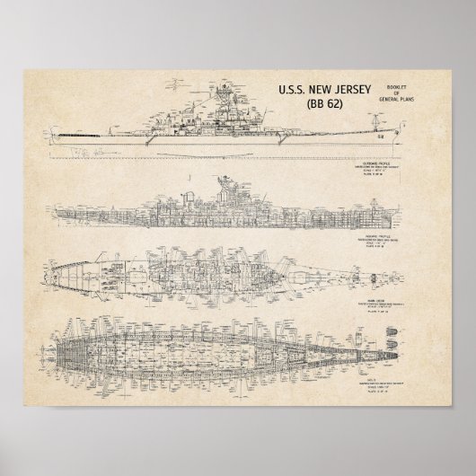 USS NEW JERSEY-blauwdruk Poster (Voorkant)