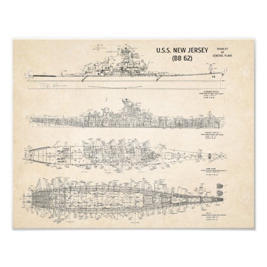 USS New Jersey Blueprint Foto Afdruk (Voorkant)