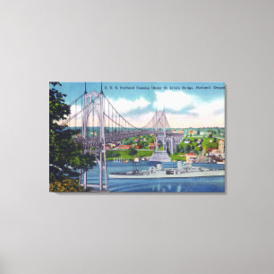 USS Portland passeert onder Sint John's Bridge Canvas Afdruk