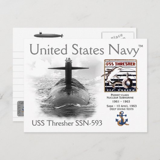 USS THRESHER SSN-593 SUBMARINE BRIEFKAART (Voorkant / Achterkant)