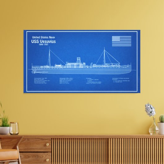 USS Vesuvius - Schip Blauwdruk Plannen ABD Canvas Afdruk (Insitu (Woonkamer))