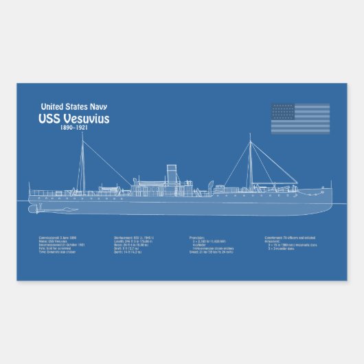USS Vesuvius - Schip Blauwdruk Plannen ABD Rechthoekige Sticker (Voorkant)