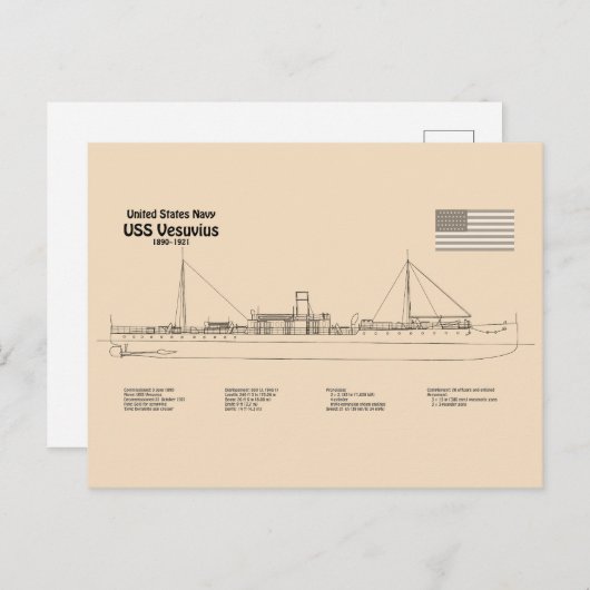USS Vesuvius - Schip Blauwdruk Plannen SD Briefkaart (Voorkant / Achterkant)