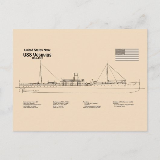 USS Vesuvius - Schip Blauwdruk Plannen SD Briefkaart (Voorkant)