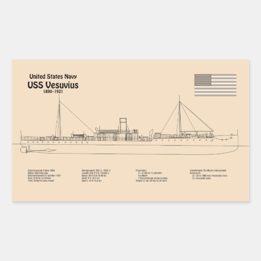 USS Vesuvius - Schip Blauwdruk Plannen SD Rechthoekige Sticker (Voorkant)