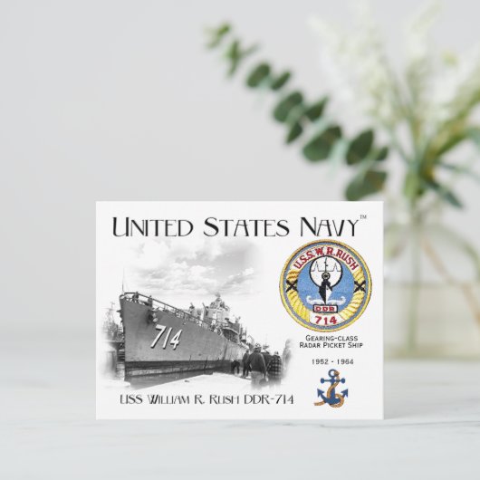 USS WILLIAM R. RUSH DDR-714 RADAR PICKET BRIEFKAAR BRIEFKAART (Staand voorkant)