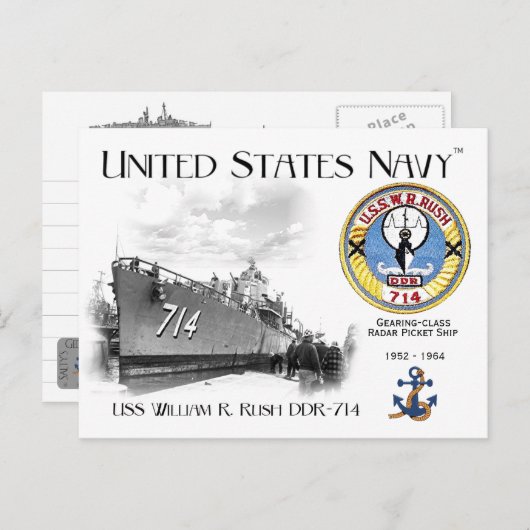USS WILLIAM R. RUSH DDR-714 RADAR PICKET BRIEFKAAR BRIEFKAART (Voorkant / Achterkant)