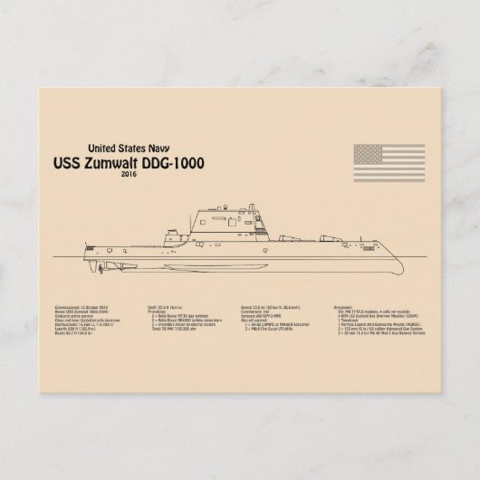 USS Zumwalt - Scheepsblauwdrukplannen SD Briefkaart (Voorkant)
