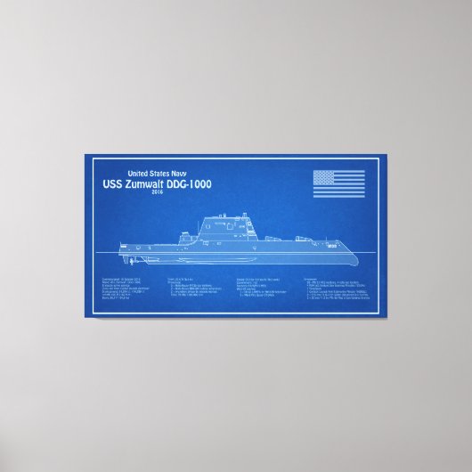 USS Zumwalt - Schip Blauwdruk Plannen ABD Canvas Afdruk (Voorkant)