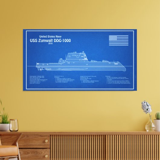 USS Zumwalt - Schip Blauwdruk Plannen ABD Canvas Afdruk (Insitu (Woonkamer))