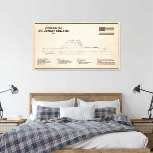 USS Zumwalt - Schip Blauwdruk Plannen SD Canvas Afdruk (Insitu (Slaapkamer))