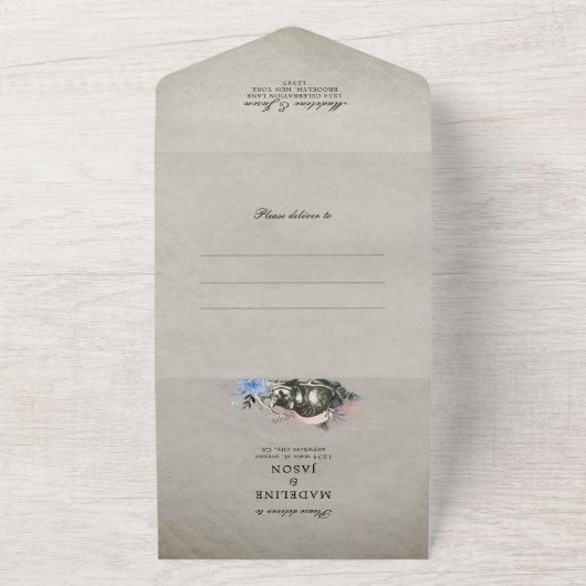  usty Blue Alice in Wonderland Wedding All In One Uitnodiging (Buitenkant)