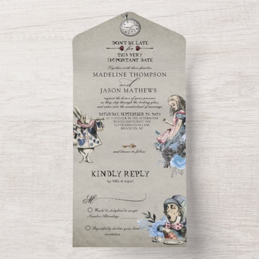 usty Blue Alice in Wonderland Wedding All In One Uitnodiging (Binnen)