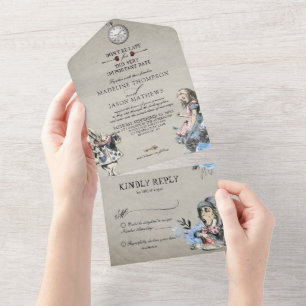 usty Blue Alice in Wonderland Wedding All In One Uitnodiging