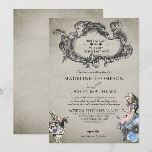 usty Blue Alice in Wonderland Wedding Kaart (Voorkant / Achterkant)