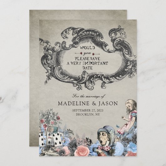 usty Blue Alice in Wonderland Wedding Save The Date (Voorkant / Achterkant)