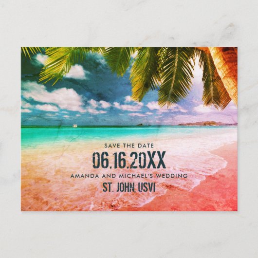 USVI Tropisch Beach Wedding Save the Date Briefkaa Aankondigingskaart (Voorkant)