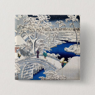 Utagawa Hiroshige - Drum Bridge in Meguro Vierkante Button 5,1 Cm