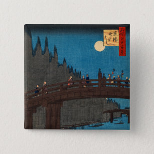 Utagawa Hiroshige - Kyoto Bridge door Moonlight Vierkante Button 5,1 Cm