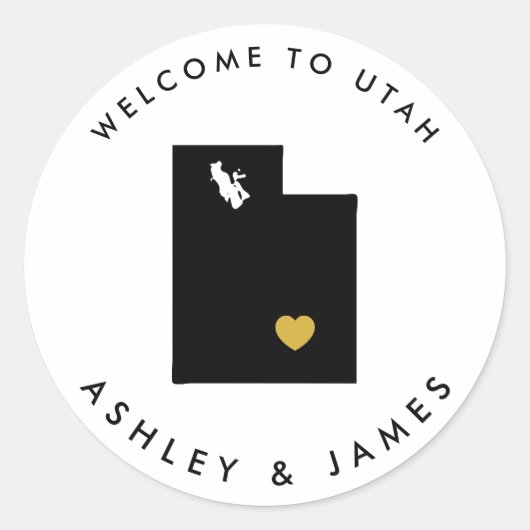 Utah Bruiloft Welkom Sticker Label, Goud & Zwart (Voorkant)