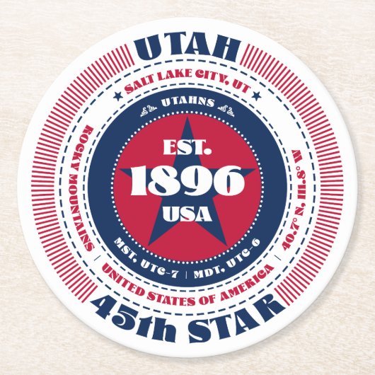 Utah rood wit blauw typografie ronde kartonnen onderzetter (Voorkant)