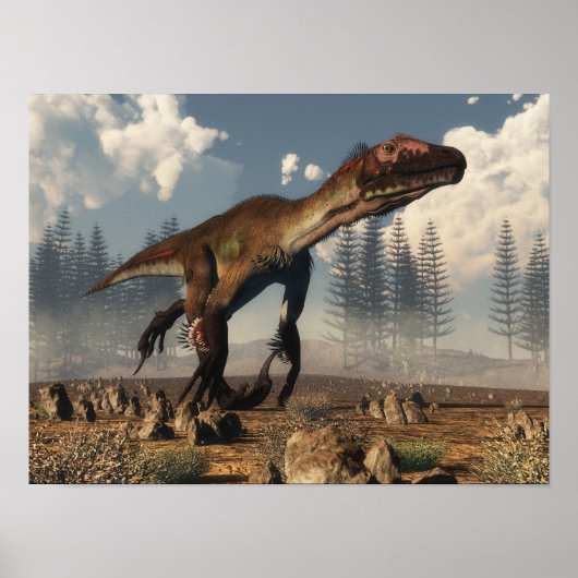 Utahraptor dinosaur in de woestijn - 3D rendering Poster (Voorkant)