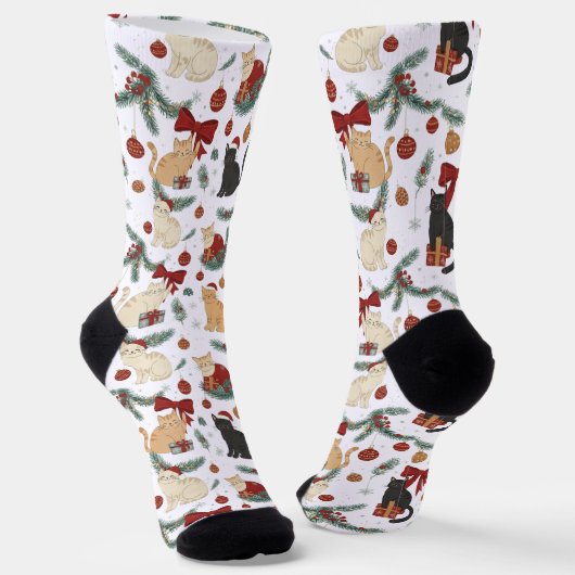 ute Cats and Christmas Decorations Pattern Socks Sokken (Gebogen)