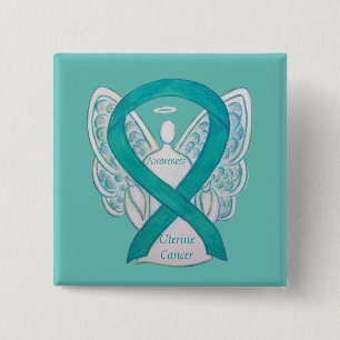 Uteriene kanker Blauwgroen bewustzijn Ribbon Angel Vierkante Button 5,1 Cm