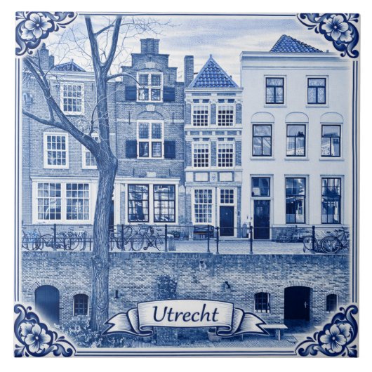 Utrecht canal houses Delft Blue style ceramic tile Tegeltje (Voorkant)